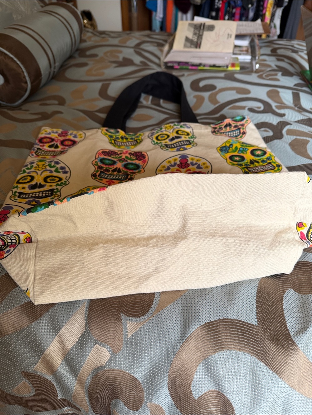 Canvas Tote Bag with Colorful Sugar Skull Print - Multicolor - Picture 4 of 4